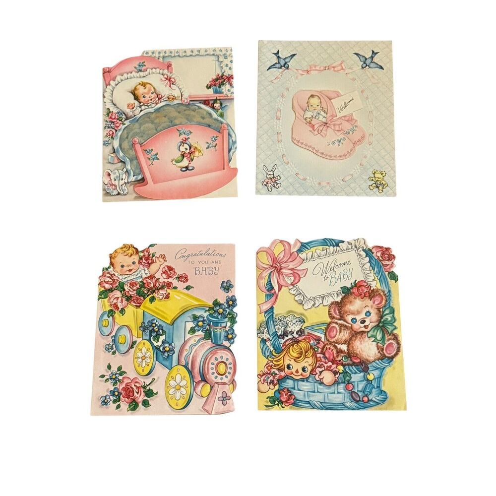 Baby Newborn‎ Cards (4) Welcome Congratulations VTG Used USA Made Birth Announce